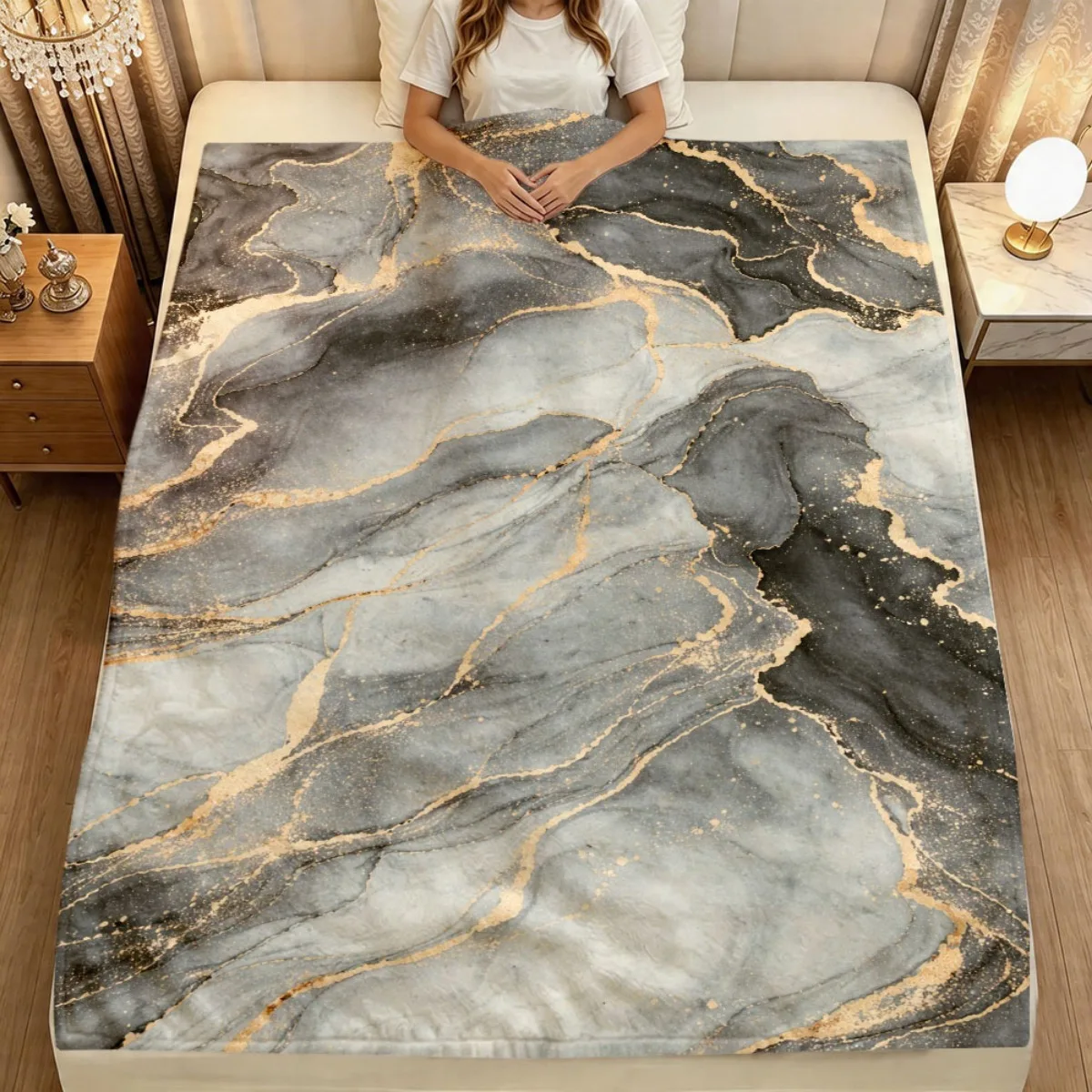 Jade Green Gold Kink Vein Marble Graphic Throw Blanket Luxury Mineral Texture Print Neutral Indoor Bed Couch Cover