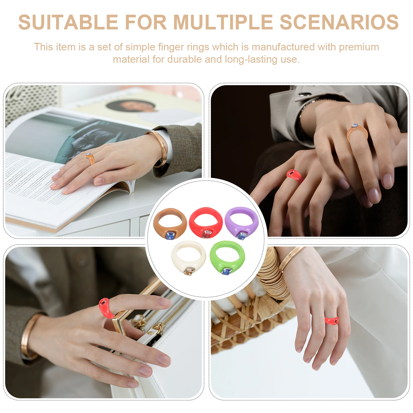 

5Pcs Elegant Resin Glass Novel Set Big Crystal Fashionable Finger Jewelry For Daily Wear Stackable Design