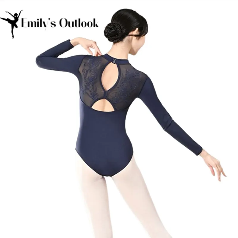 Velvet Net Dance Leotard For Women Ballet Dance Long Sleeve Gymnatics One Piece Bodysuit Dancewear Sexy Keyhole Cutout Back New