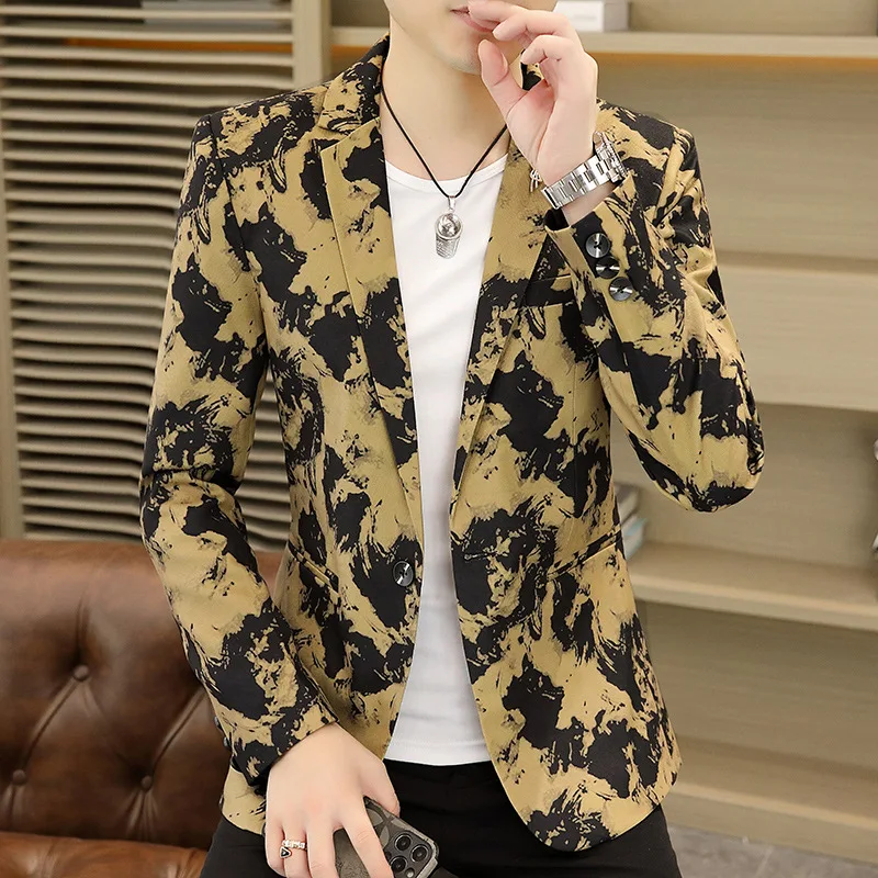 

HOO 2024 Men's Spring New Printed Suit Jacket Youth Slim Fashion Leisure blazer