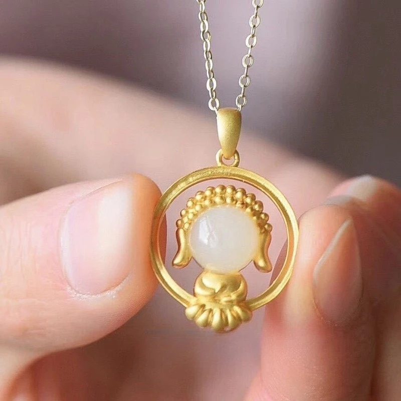 

Pure 14k Gold Color Hotan White Jade Jasper Pendant Necklace for Women Charms Lucky Chain Wedding Jewelry Party Birthday Gifts
