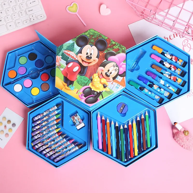 Disney Lightning McQueen Mickey Mouse Cartoon Children\'s 46 Color Rotating Watercolor Pen Festival Prize Learning Stationery Set