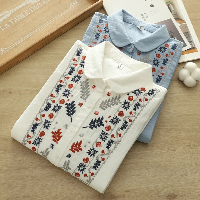 Neues 2025, Frühlings-Baumwollgarn-Langarmshirt, Damen-Umlegekragen-Stickerei, weiche, lockere Bluse im Ethno-Stil für Mädchen T52422CC