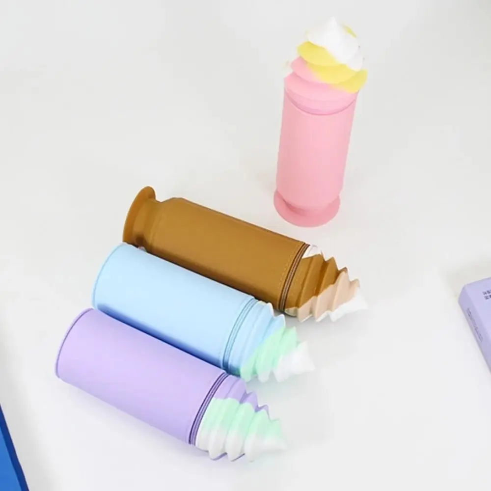 

Cute Cartoon Silicone Pencil Case Ice Cream Shape Large Capacity Stationery Bag Suction Cup Base Soft Stationery Organizer
