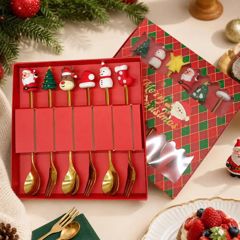 Stainless Steel Christmas Spoon Fork Set Cute Santa Snowman Elk Tableware Gift Box for Christmas Party Dinner Decor Gift