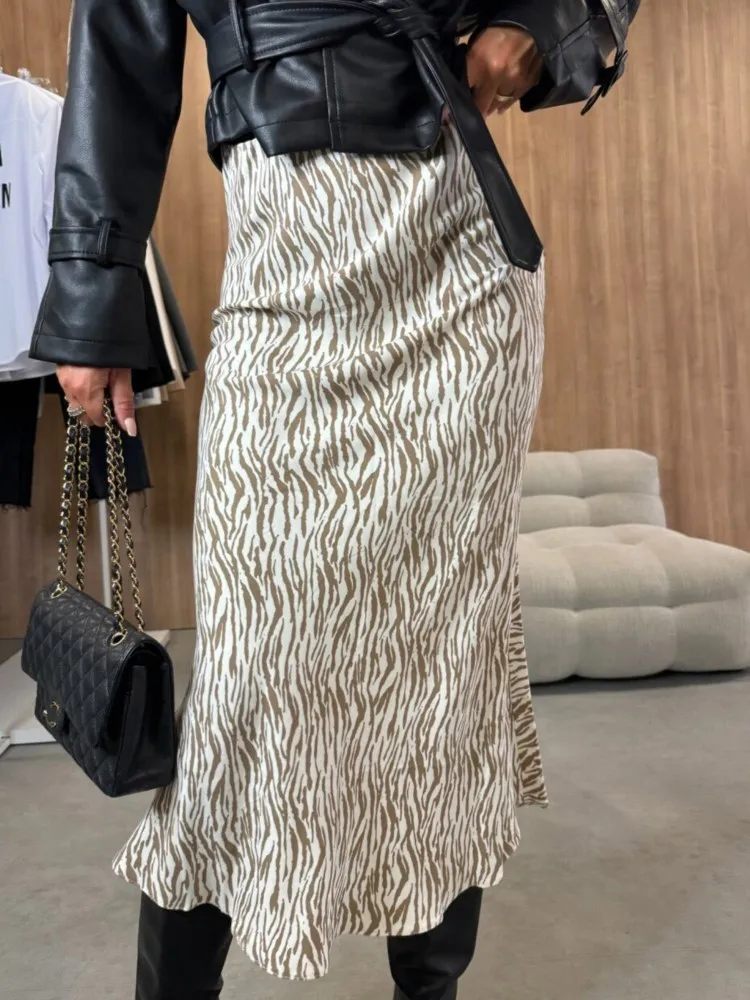 Fashion Leopard Print High Waist Women Midi Skirt 2024 Autumn Summer Office Lady Streetwear Skirt Women Clothes