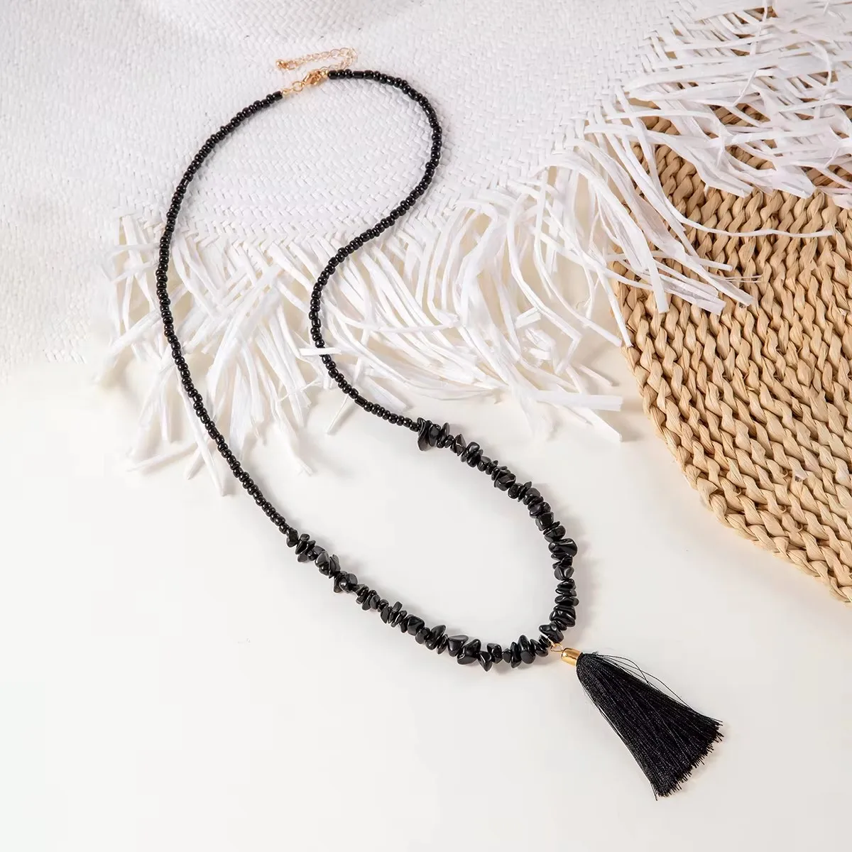 Tocona Bohemian Black Tassel Long Sweater Chain Necklace for Women Charms Colorful Crystal Stone Adjustable Jewelry Party