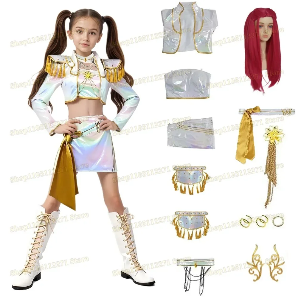 

Christmas gift KPop Rumi Mira Zoey White Sing Suit Girls Halloween Party Role Playing Outfit Cosplay Costume Wig for Kids