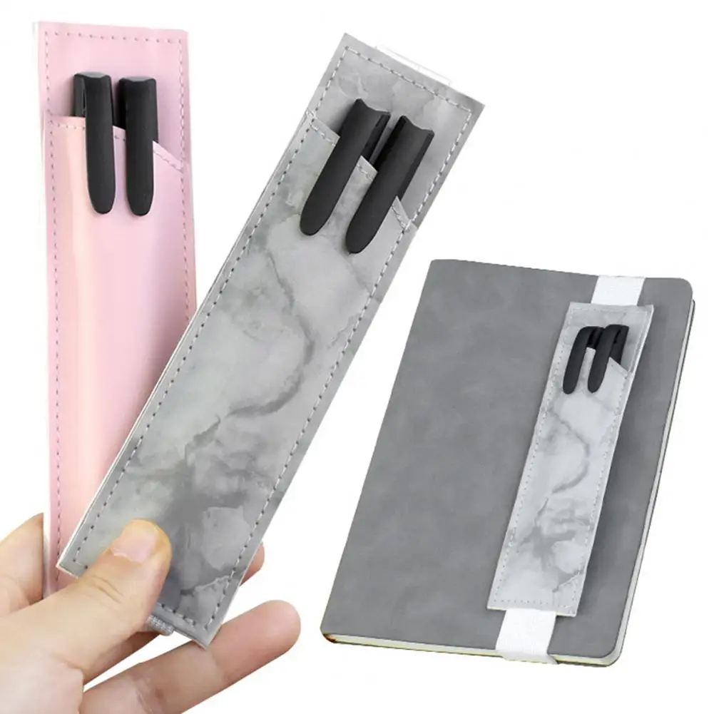 Notebook Pen Holder Pen Sleeve, elástico ajustável, bolsa de lápis de couro falso, capas de folhas soltas, clipes