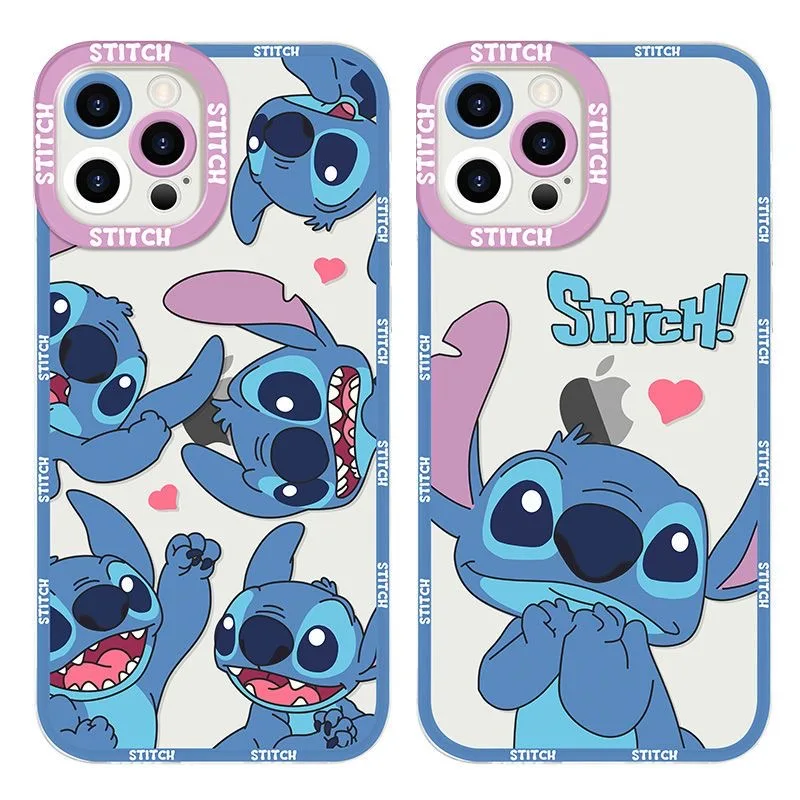 Disney Pink Stitch Blue Angel Phone Case For iPhone 16 15 14 13 12 11 Mini Pro Max X XR XSMax 7 8 Plus SE20 Transparent Cover