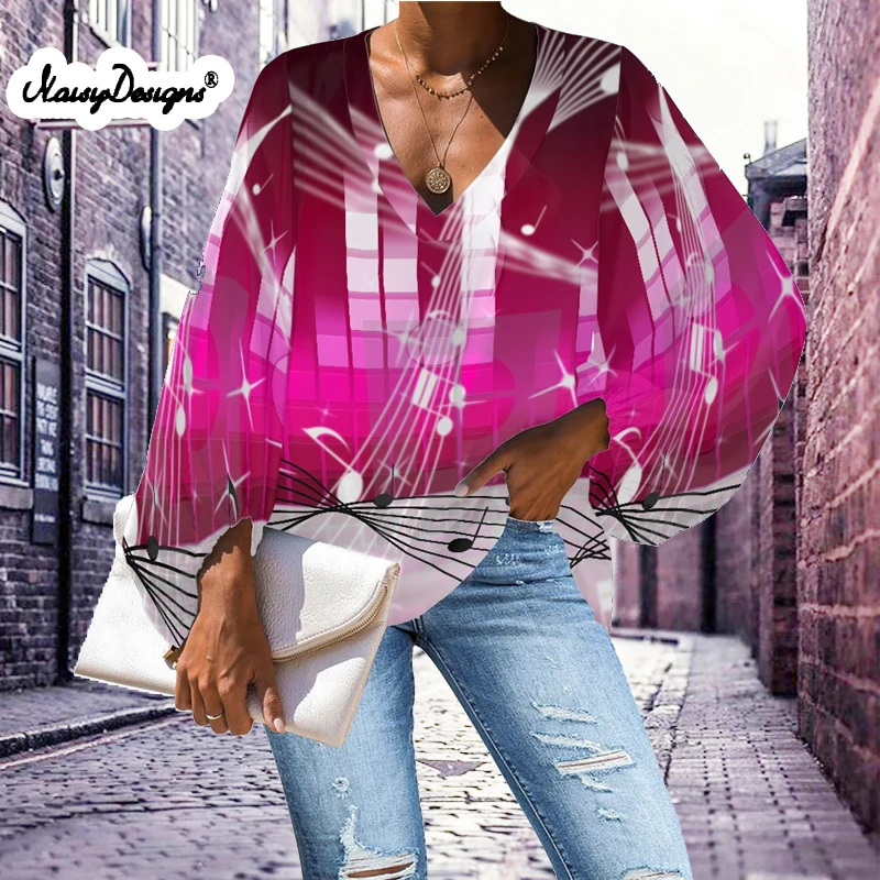 

Noisydesigns Music Note Prints Women Red Bouses For Ladies In Offers Vintage Youth Chiffon Spring Autumn Clothes Dropshipping