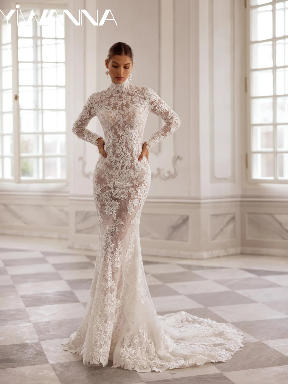 

Charming Shiny Lace Appliques Wedding Dress Modest High Collar Long Sleeve Bridal Gown Customized Stunning Dresses For Bride