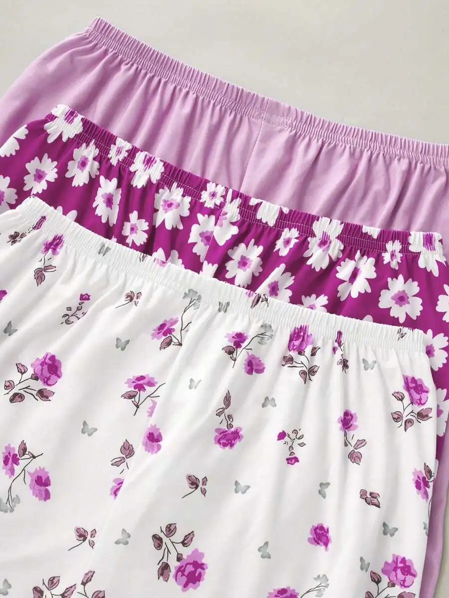 

3pcs Women Elastic Waist Loose Pajama Pants Floral Solid Color 7/8 Length
