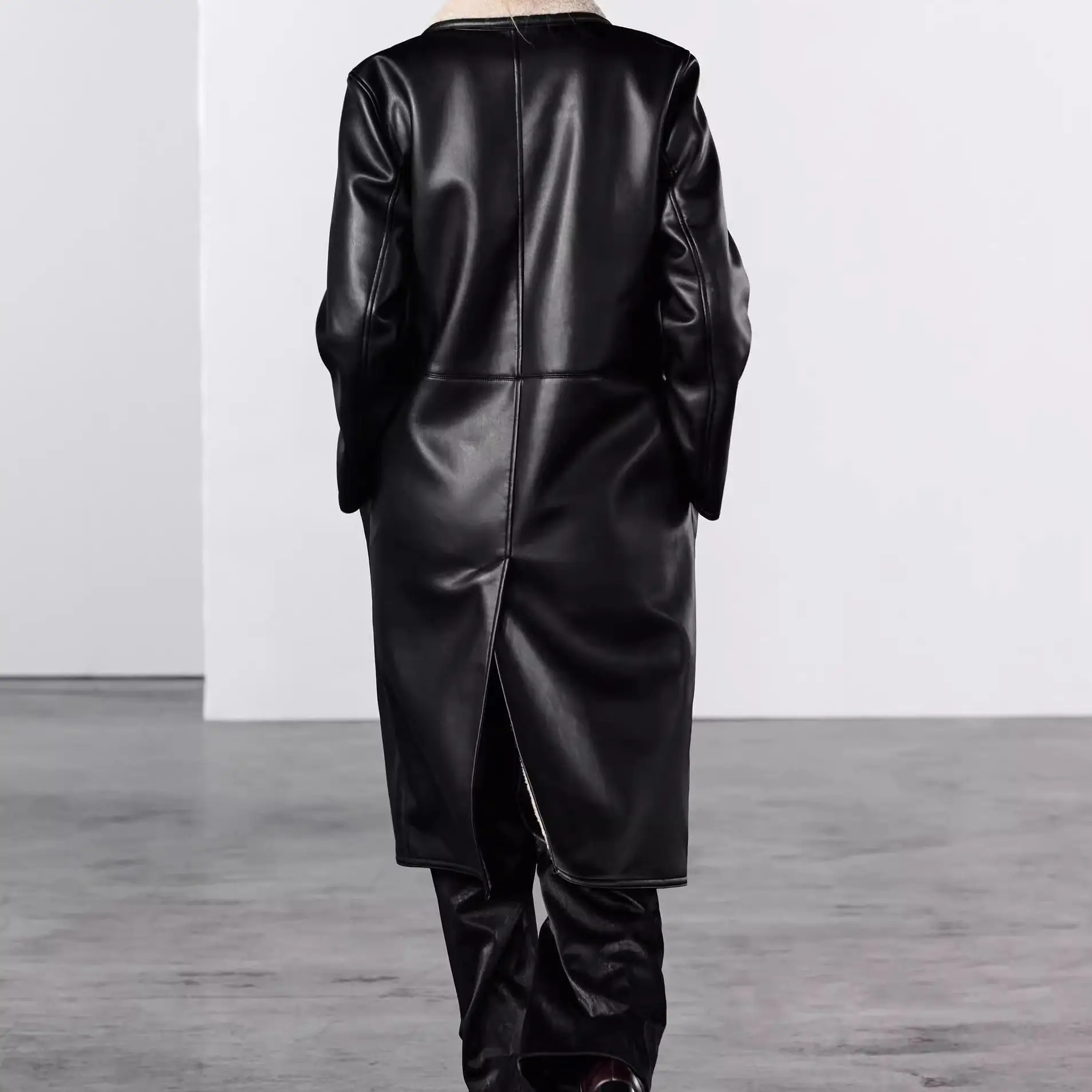 

Double-Sided Long Sve Collared Coat New Autumn Winter Women's Faion ZW Series Thiened PU Leather Commute Sle Coat