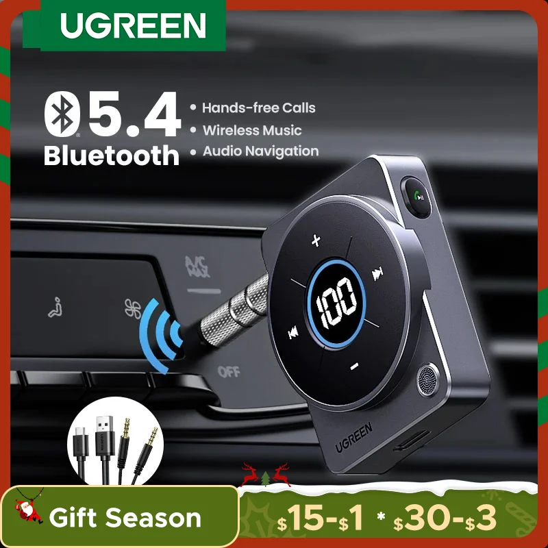 Ugreen-Bluetooth 5.4補助アダプター,車,オーディオ,音楽,バッテリー寿命,スクリーンディスプレイ,sbc,aac,3.5mm, 20時間