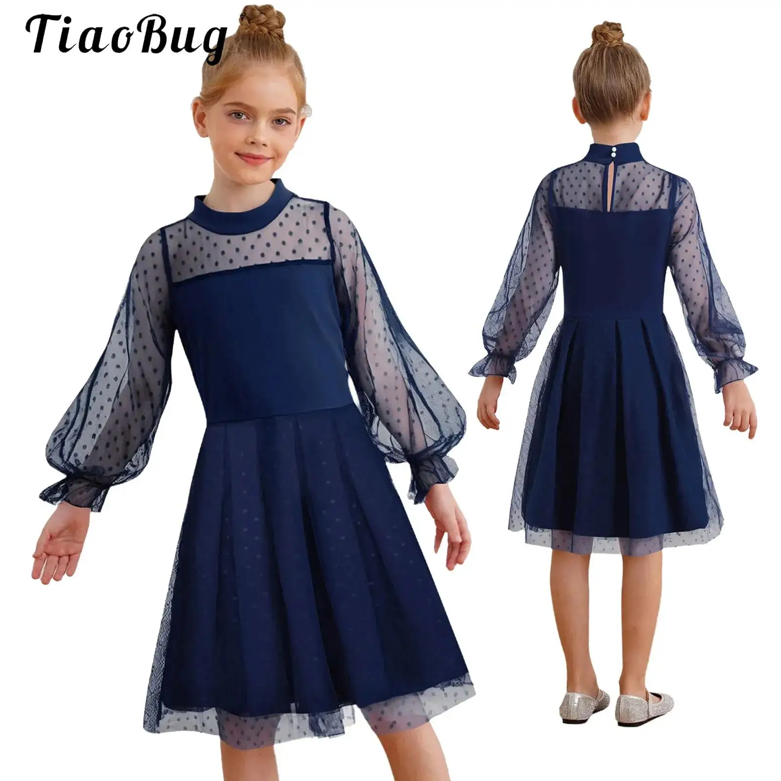 

Girls Mesh Puff Long Sleeve Dress Cute Dots Sheer Mesh Patchwork Spring Summer Casual Elegant Wedding Party A-Line Dress