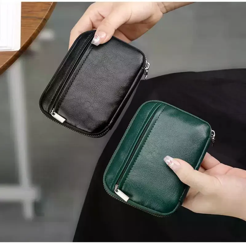 1Pc Leather Zipper Key Pouch Organizer Multi Compartments Water Resistant Slim Key Holder for Daily Travel Commute