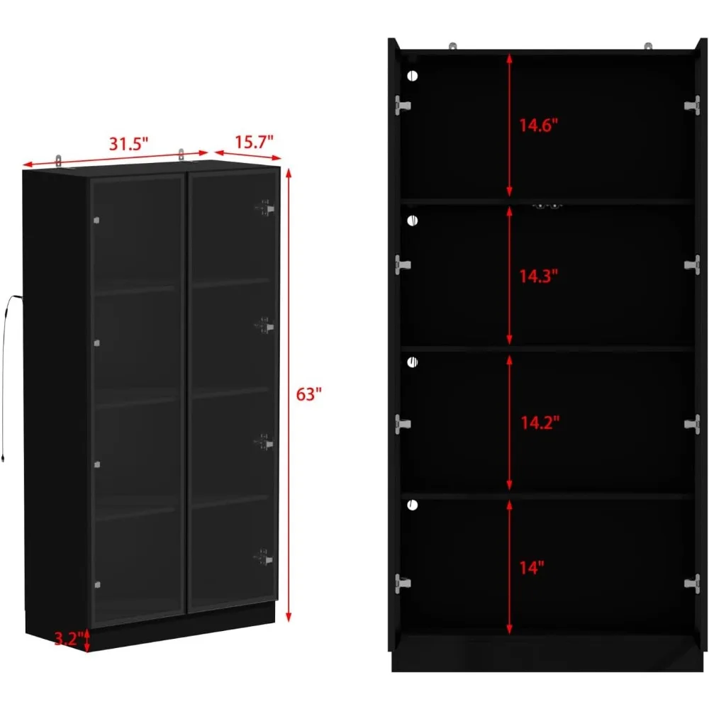 Display Cabinet with Lights, Glass Cabinet with Doors and Shelves, 4-storey Storage Cabinet, Bookshelf Display Cabinet