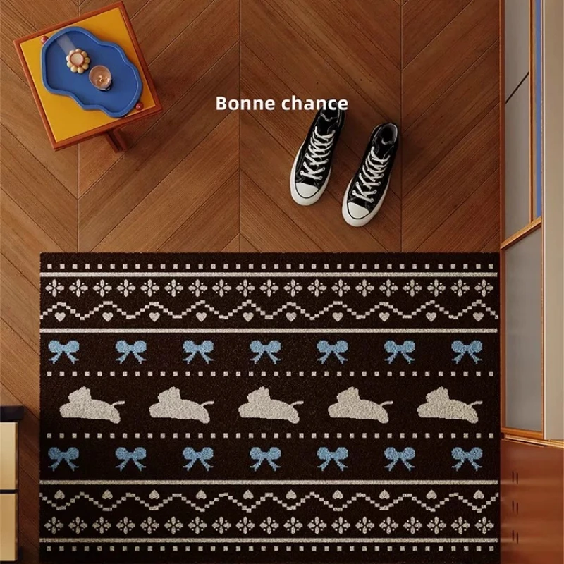 Cute Bowknot Puppy Print Wire Loop Doormat Cuttable Non Slip Wearproof Anti Mud Rug Easy Clean Entry Hall Balcony Bathroom Decor