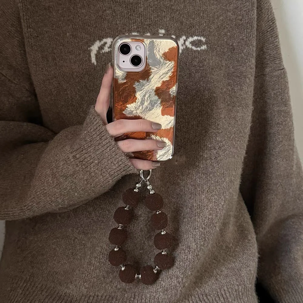 White splashed ink, red brown and yellow brown color block phone case with Plush ball chain for iPhone 11 12 13 14 15 16 pro max
