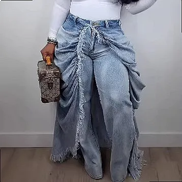 Women's Faux Two Piece Ripped Hem Skinny Jeans Denim Pants