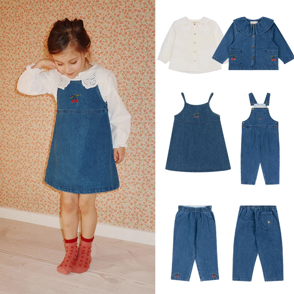 2024 Toddler Kids Girls Cute Print Dress KS Brand Jeans Braces Jacket Children Denim Sling Dresses Coats Jean Pants Clothes Set