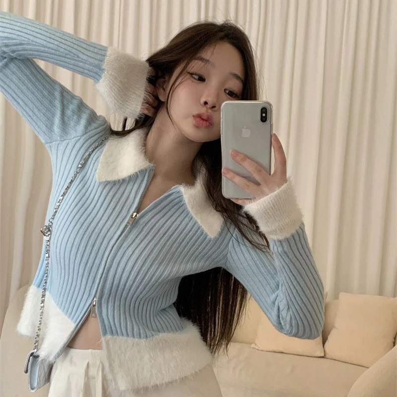 Süße Patchwork Strickjacken für Frauen drehen-unten Kragen Sexy Crop Pullover Schlank Zarte Feminine Herbst Ulzzang Alle-spiel chic Mujer