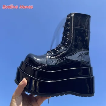 2024 블랙 플랫폼 미드 카프 부츠, 크로스 스트랩, 지퍼 라운드 토, 특허 가죽, 9.5cm 힐, 패션 파티 플러스 사이즈 슈즈