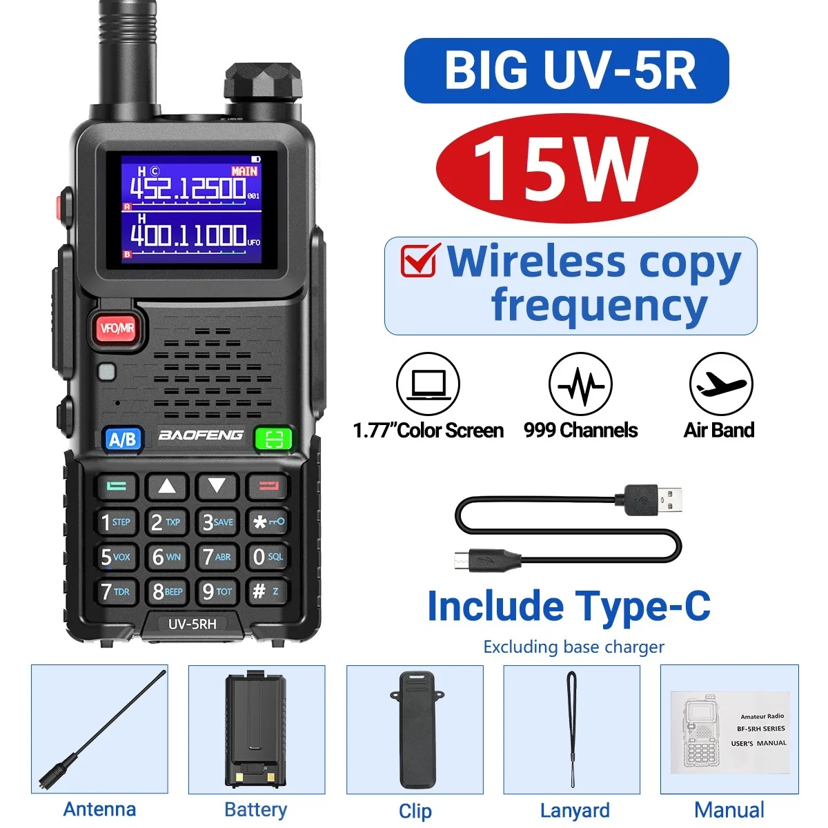Baofeng UV-5RH Air Band Walkie Talkie Draadloze kopieerfrequentie Type-C NOAA Lange afstand 999CH Verbeterde UV-5R 5RM Ham Two Way Radio