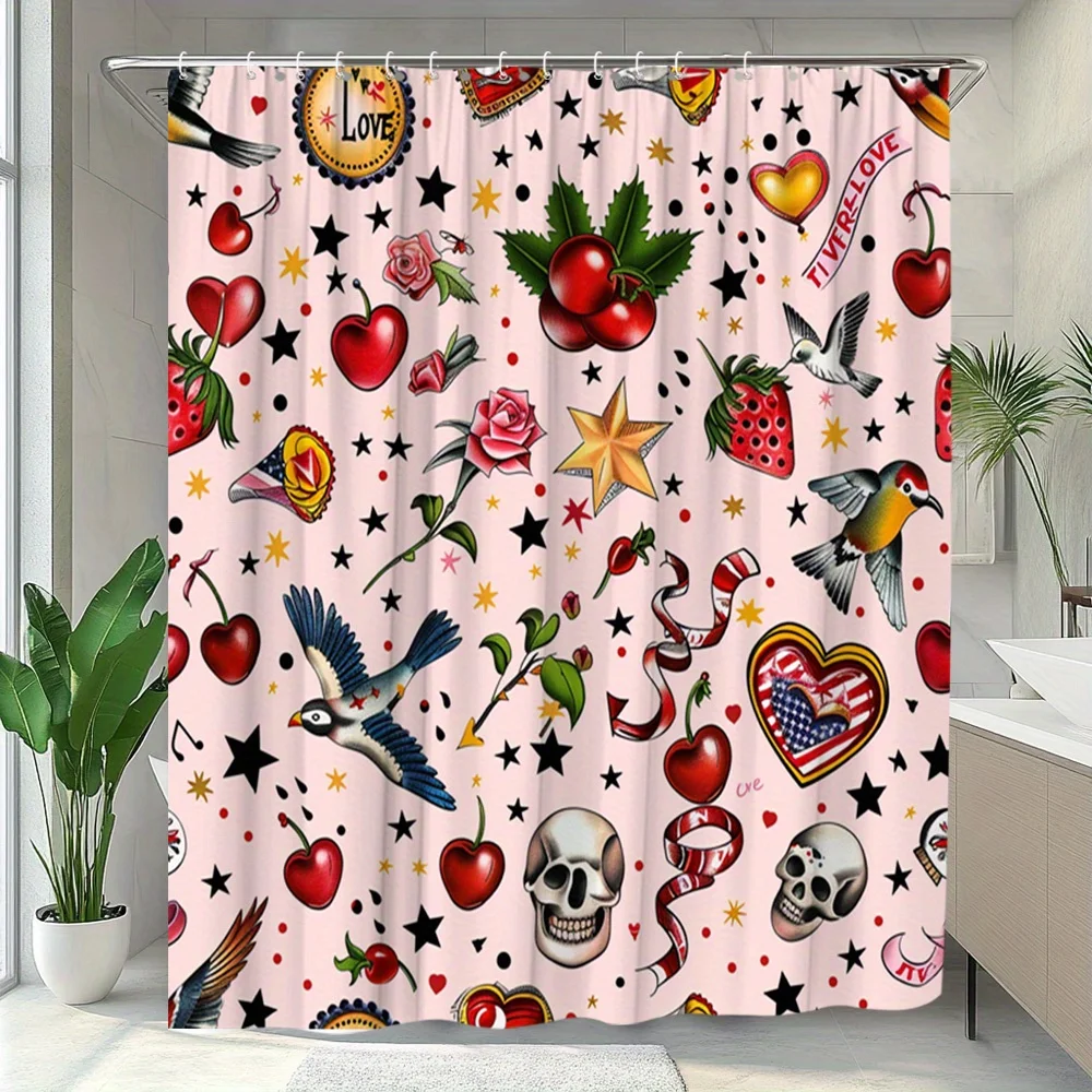 Old School Tattoo Style Shower Curtain - Cherry, Skull, Swallow & Heart Print, Vintage Rockabilly Bathroom Decor, Waterproof