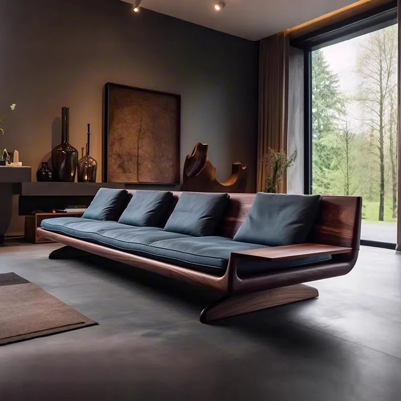 New Chinese-style solid wood sofa living room high-end zen North American black walnut three-person straight-row sofa
