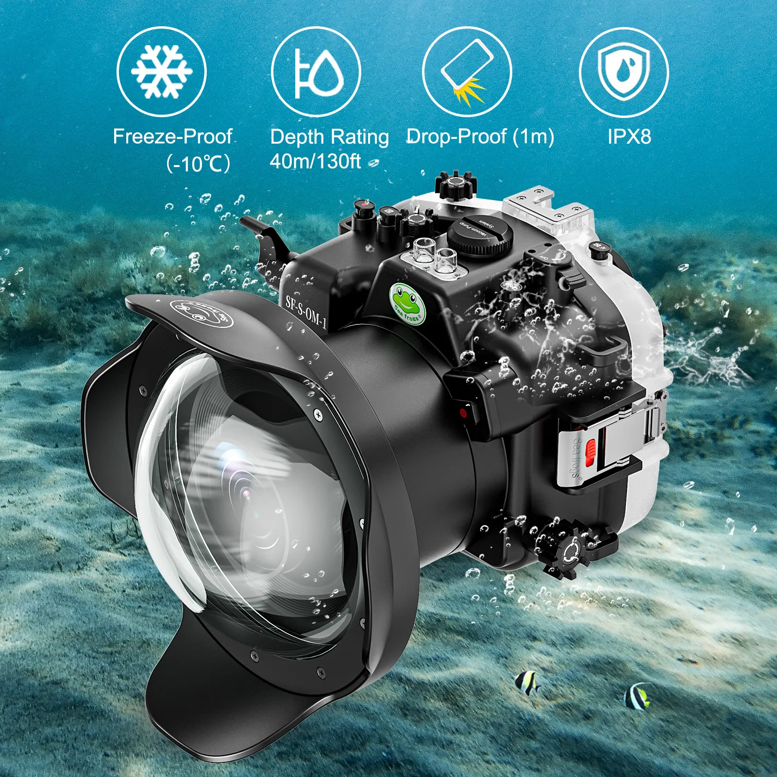 Seafrogs-アクリルドームポート付き防水カメラハウジングケース、オリンパスO-M1、12-100mm、12-40mmレンズ