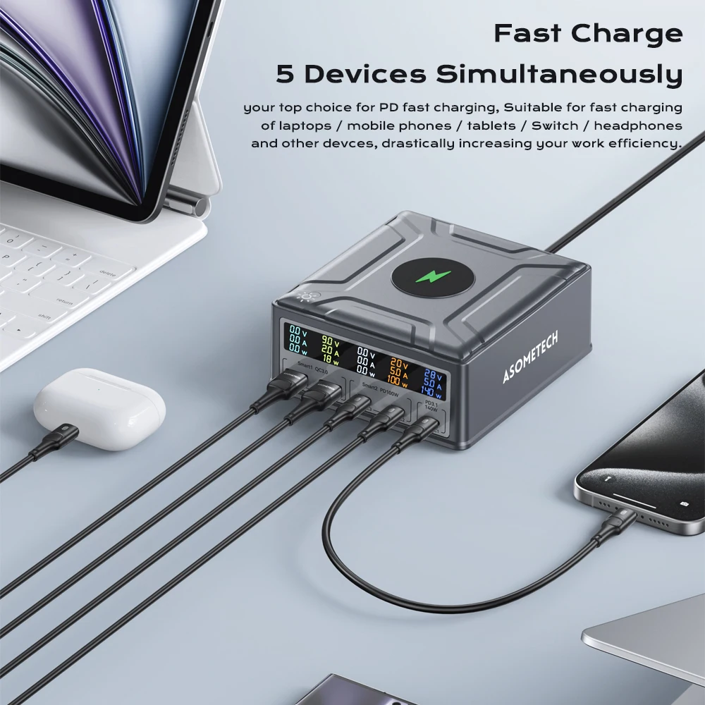 260 واط USB C GaN شاحن QC3.0 PD3.1 140 واط PPS محطة شحن سريعة آيفون 16 15 ماك بوك برو سامسونج شاحن لاسلكي للكمبيوتر المحمول