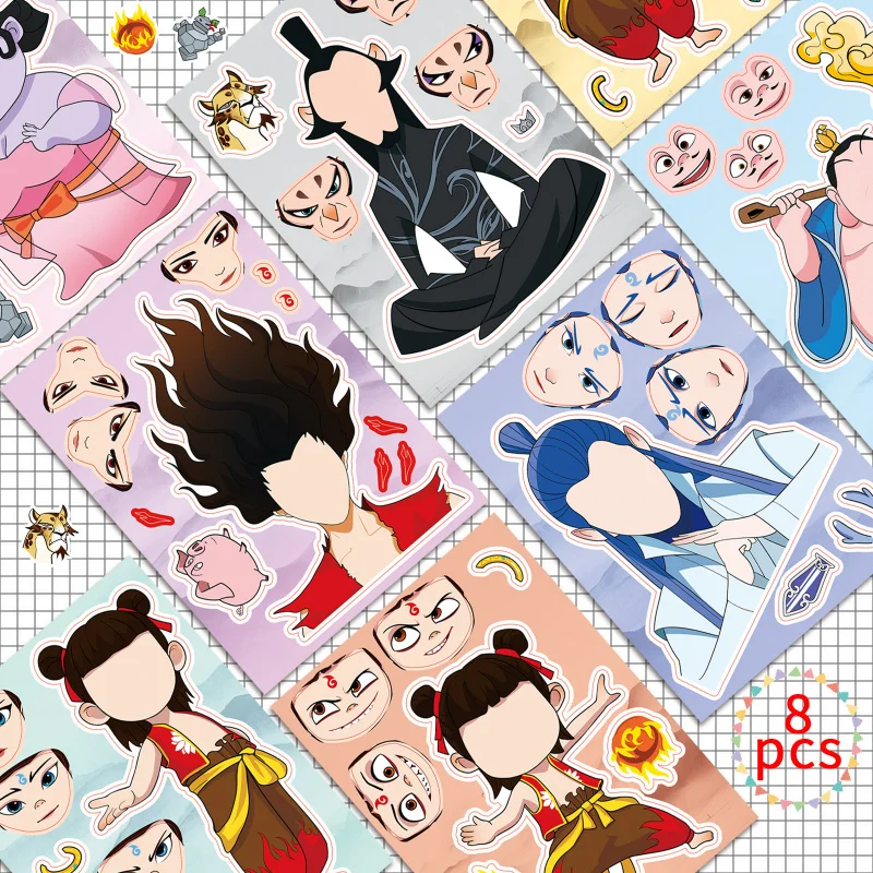 8Pcs/Set Nezha Face Changing Set Personalized CreativeMake a faceGraffiti Stickers for Earphones, Refrigerators, and Notebooks