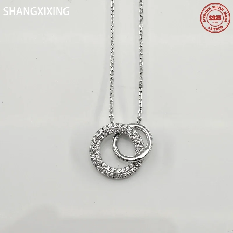 S925 Sterling Silver Shiny Interlocking Zircon Women Charm Circular Pendant  European American Light Luxury Necklace 925 Jewelry