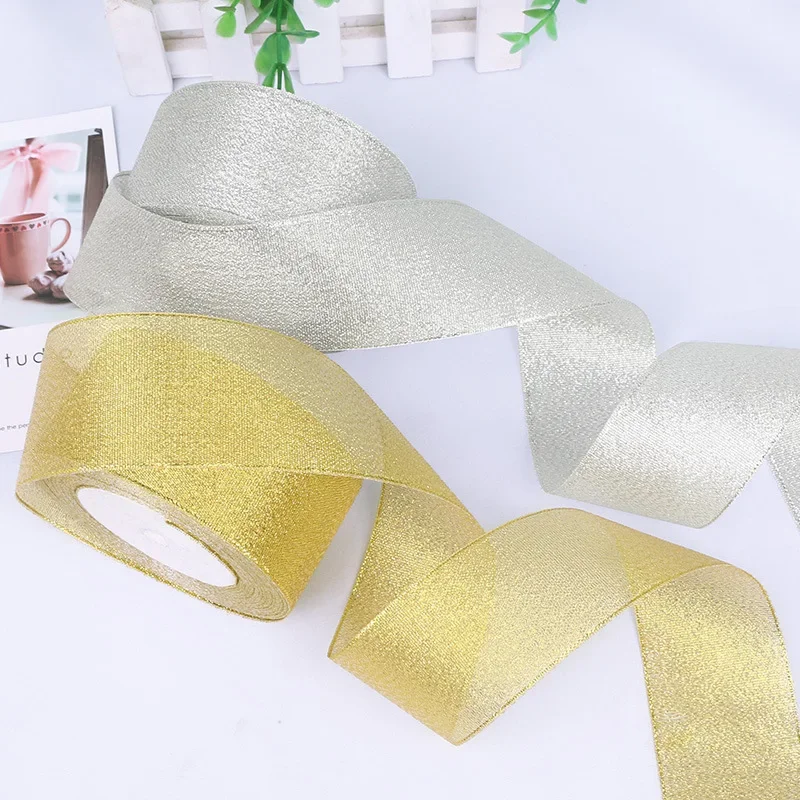 25 Yards/Roll Gold/Silver Organza Ribbon Width 0.6cm-5cm DIY Handicraft Accessories Tapes Wedding Supplies Cake Gift Decoration