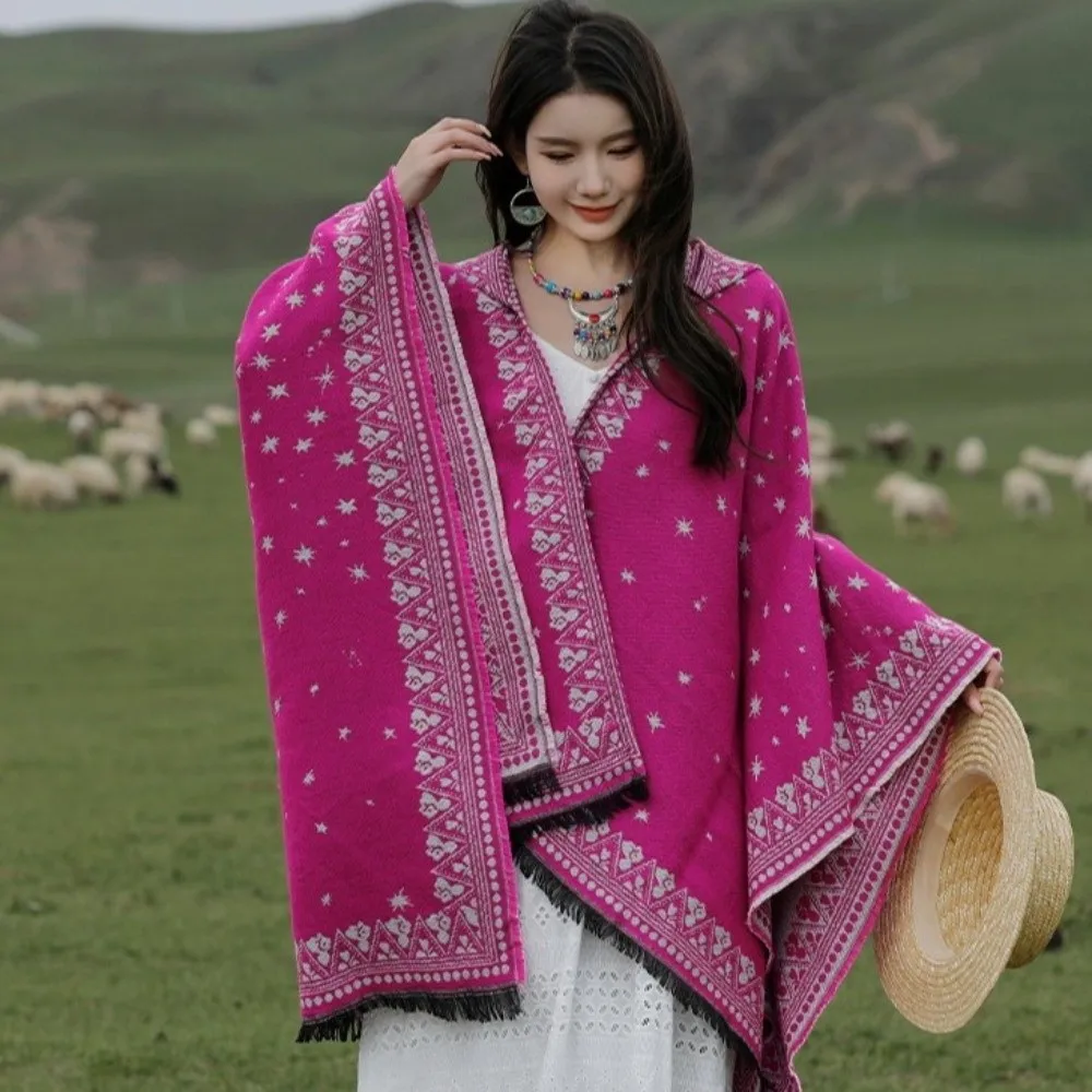 

High Quality Ethnic Style Hooded Shawl Warm Windproof Poncho Capes Tassel Cloak Shawl Outdoor