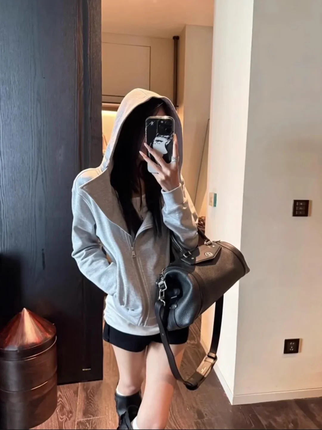 Retro Grey Waist-Cinching Hoodie Women's Spring Autumn 2025 New Lazy Style Elegant Small Audience Zipper Jacket Korean Style