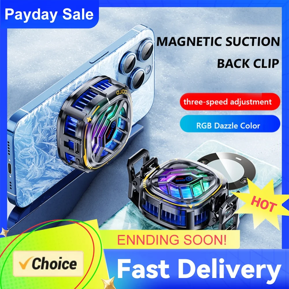 Magnetic & Back Clip Mobile Radiator Cooling Fan Three-Speed Adjustable RGB for PUBG for Mobile Gaming for Live Streaming