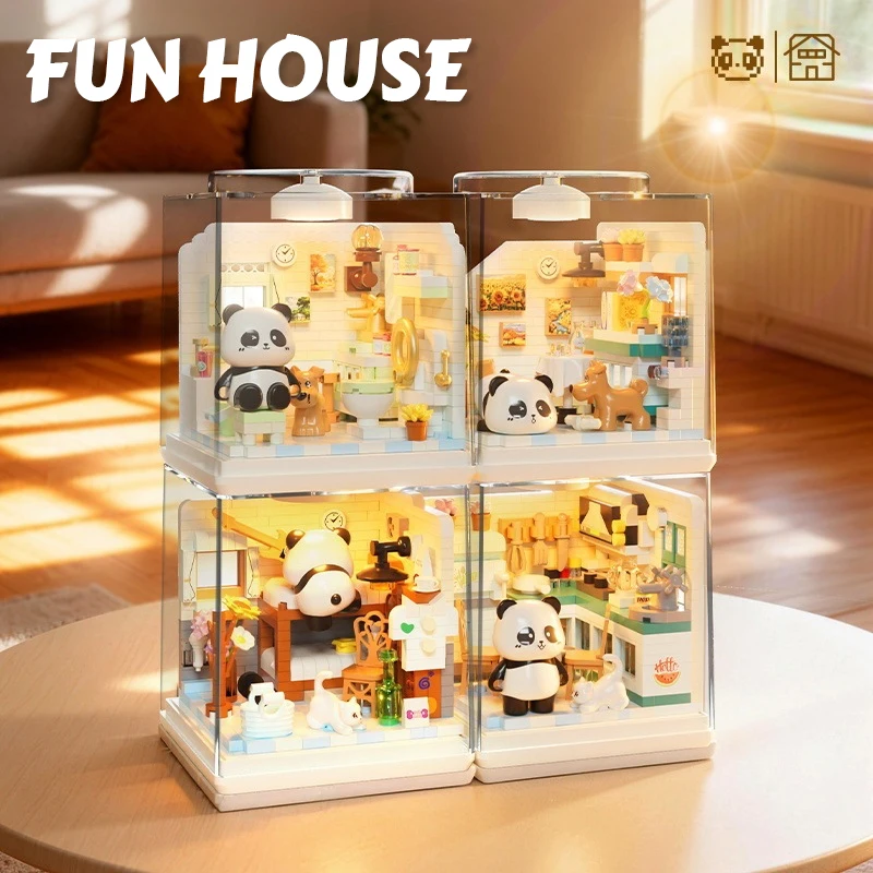 Panda Daily Mini Building Blocks Set DIY Assembly Toy Bricks with Dust Cover Miniature Doll House Scene Creative Gift