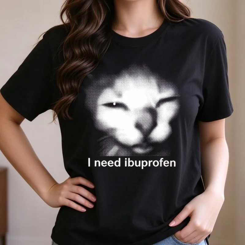 I Need Ibuprofen Print T-Shirt Women Casual Short Sleeve Modal Tee Top Funny Cat Lover Gift Sarcastic Shirt Y2K Streetwear
