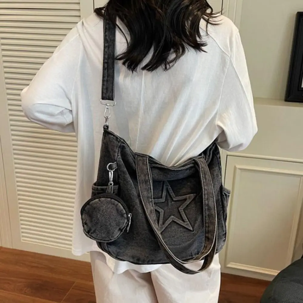 

Casual Vintage Women Tote Bags Y2k Large Capacity Messenger Bags Denim Stars Gothic Handbag With Small Bag