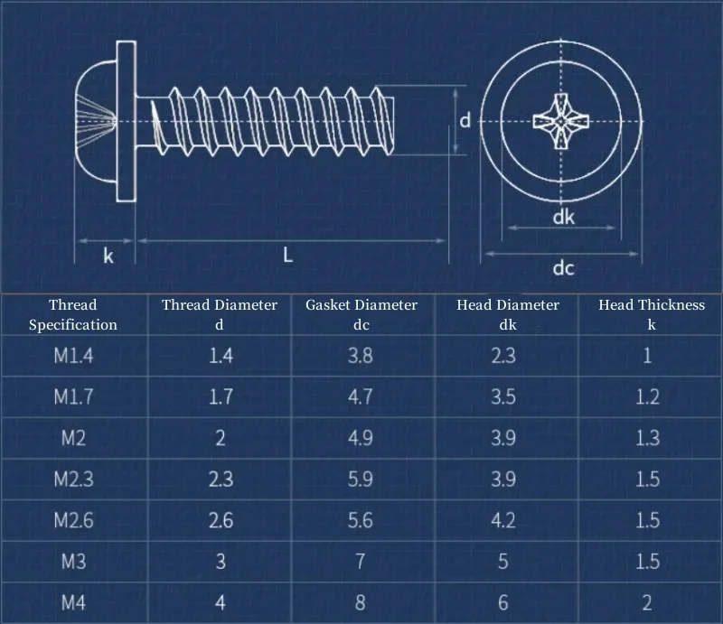 Nickel Plated Black Carbon Steel Cross Round Head Self Tapping Flat-Tailed With Pad Mini Screw M1.4~M4 Wood Screws