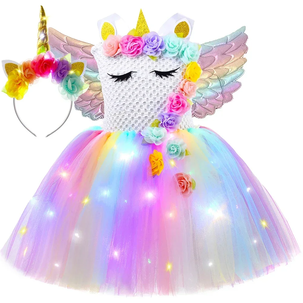 Abito da principessa unicorno per ragazze, festa di compleanno con illuminazione a LED, abiti per bambini, per ragazze, fiori, tutù, costume di Halloween