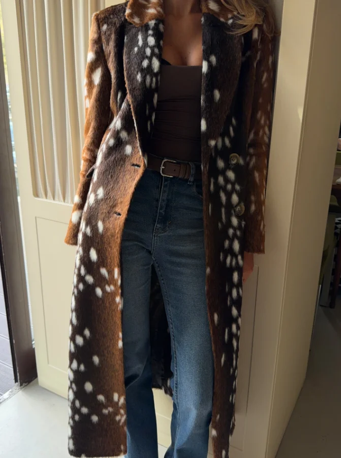 PUAL  Women Brown Spotted Faux Fur Long Coat Lapel Collar Double Breasted Warm Winter Luxury Overcoat