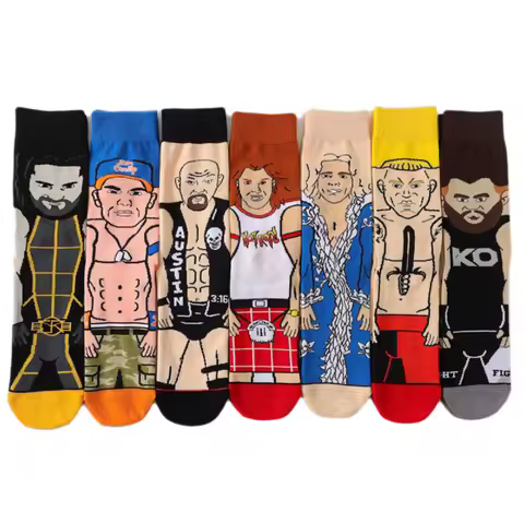 Men Socks Crazy Cartoon Wrestling Series Sports Movie Characters Hip Hop Funny Skateboard Long Socks