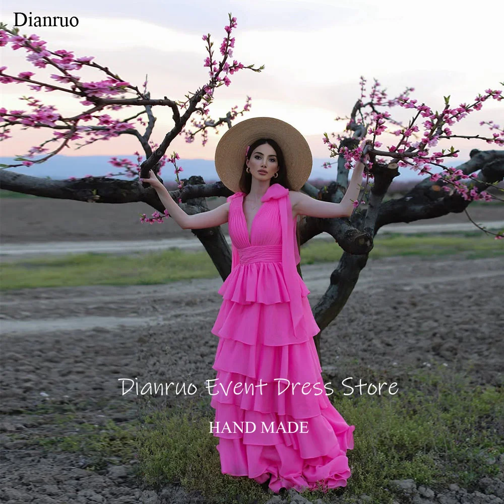 Dianruo Vibrant A Line Evening Dresses Chiffon Tiered Party Gowns Graceful V Neck Bow Vestidos De Fiesta Elegantes Customized