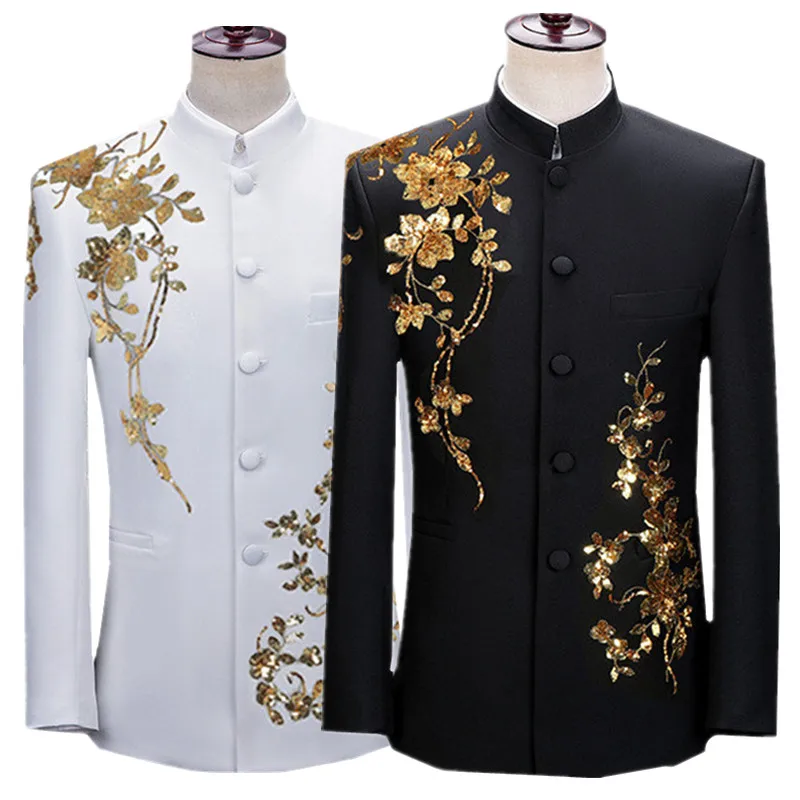 New Men Chinese Style Stand Up Collar Suit Luxurious Sequined Jacket Singer Host Stage Performance  Dress Blazers Coats