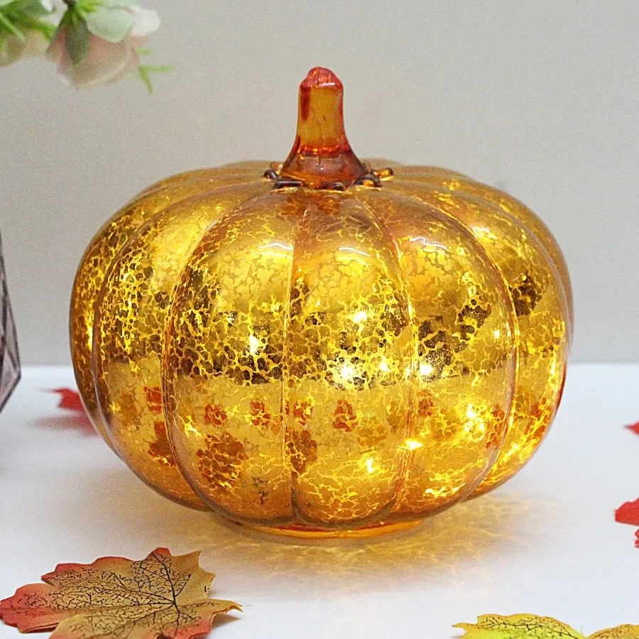 

Batteryoperated mercury glass pumpkin light with builtin timer and 10 fairy lights inside perfect for Halloween fall Thanksgivi