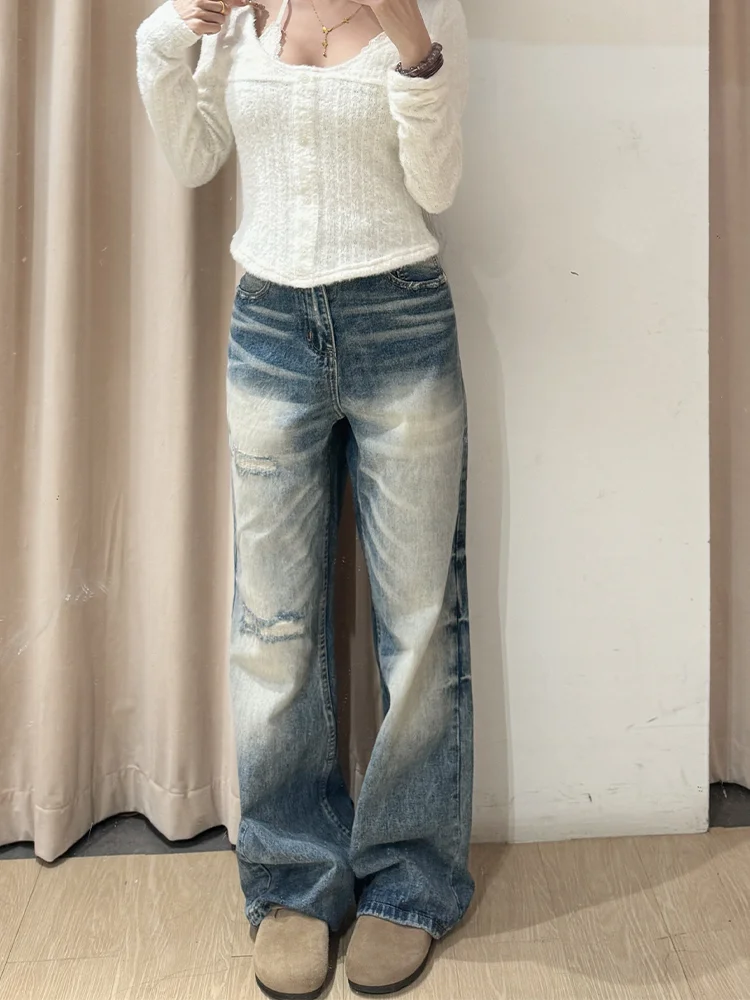 

Large Size American Retro Washed Design False Hole Denim Jeans Women's Autumn Winter Spicy Loose Slim Straight Long Pants